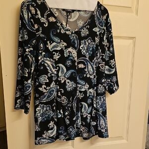 Roz & Ali Black and Blue Fitted Peplum Blouse with Peter Pan Collar